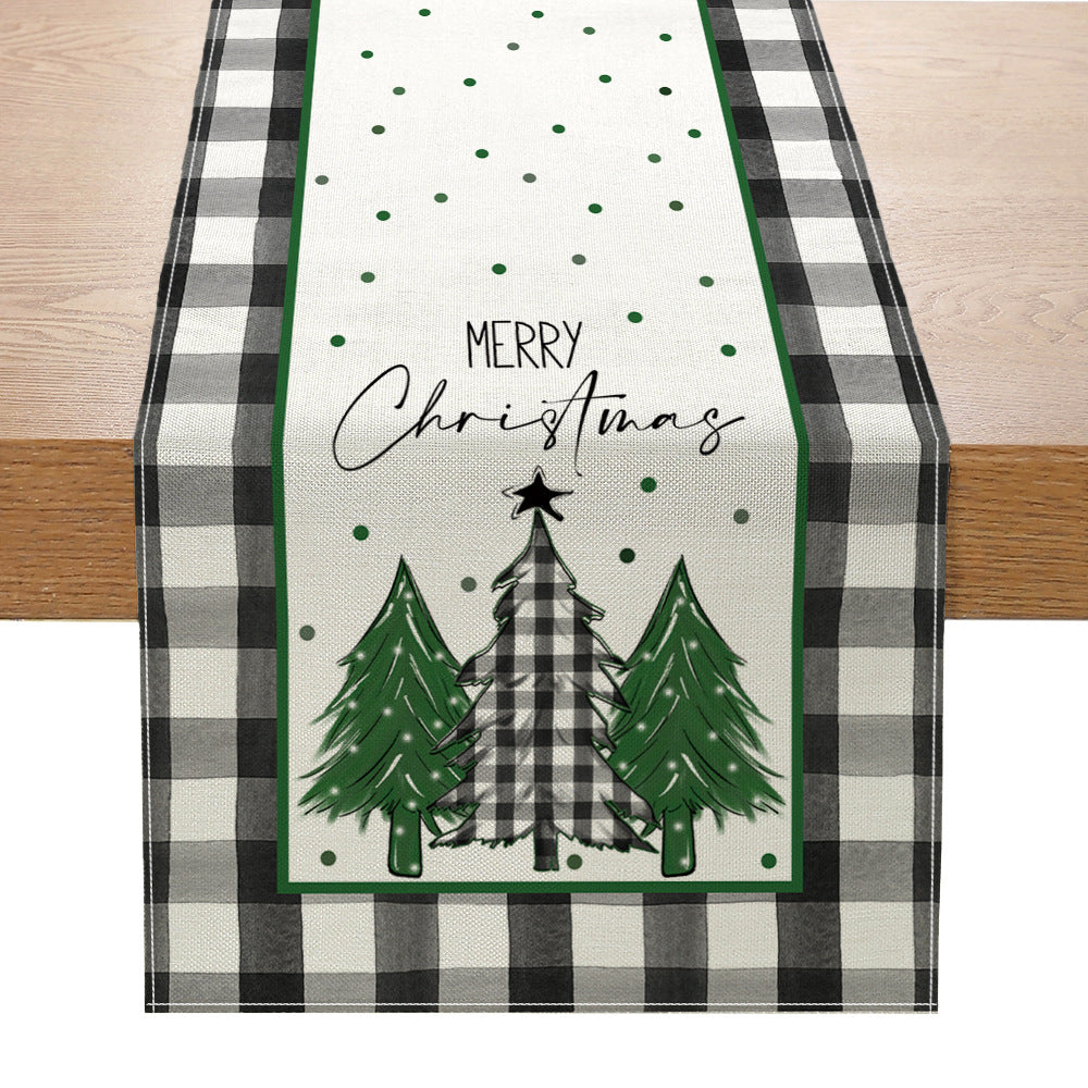 Festive Buffalo Check Cotton-Linen Table Runner with Merry Christmas Pine Design
