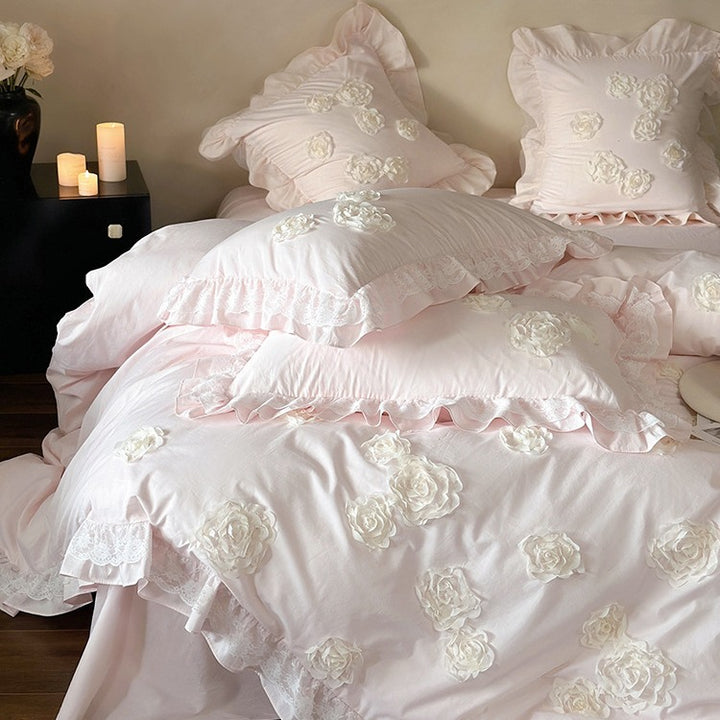 Romantic Ruffled Rose-Applique Cotton Sateen Duvet Cover Set with Lace-Trim Pillow Shams