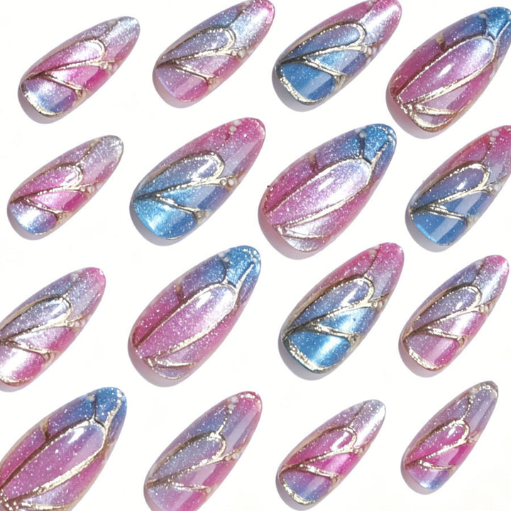 Artificial nail set with shimmering color gradients and elegant 3D details Stornfield
