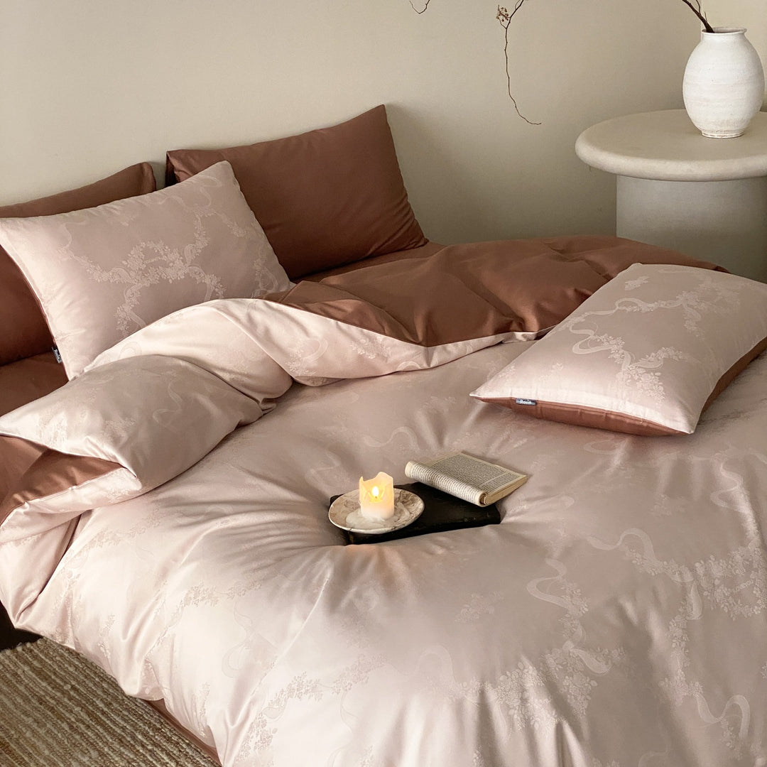 Floral Jacquard Reversible Duvet Cover Set with Silky Sateen Finish