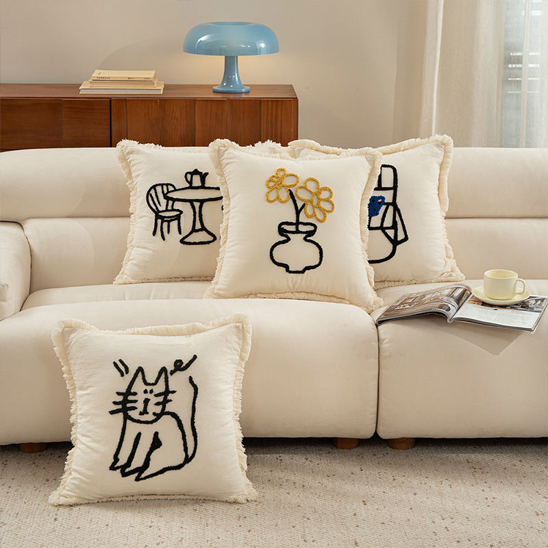 Woven decorative pillow cover with embroidered café motif and decorative fringe edge Stornfield
