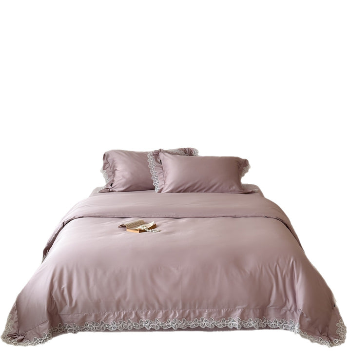 Satin bedding set with silky-smooth texture and floral lace trim