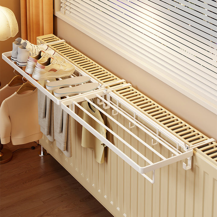 Radiator-Mounted Foldable Drying Rack with Shoe Shelf and Multi-Hook Garment Rail