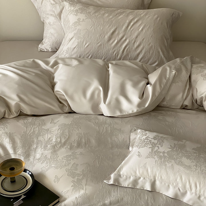 Jacquard Sateen Duvet Cover Set with Subtle Botanical Damask & Deep-Pocket Shams