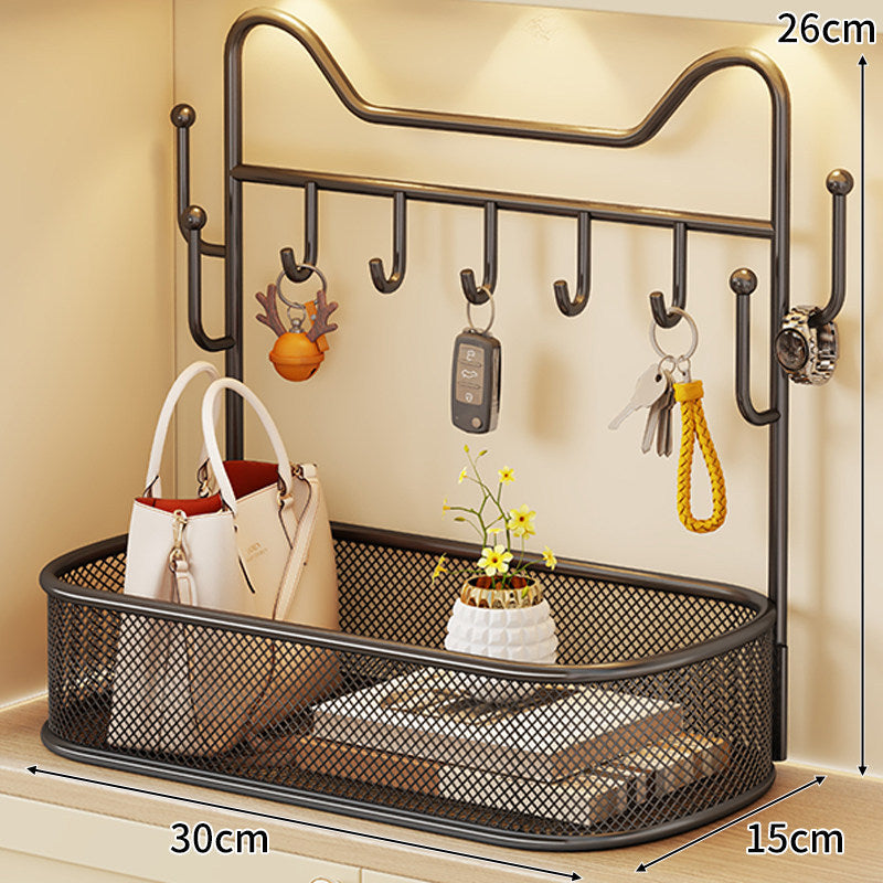 Wall-Mounted Mesh Entryway Organizer with Multi Hooks and Deep Storage Basket