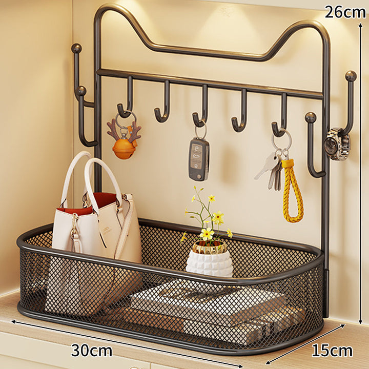 Wall-Mounted Mesh Entryway Organizer with Multi Hooks and Deep Storage Basket