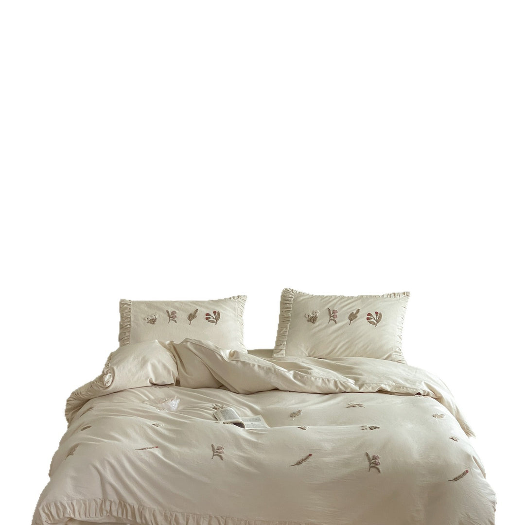 Vintage-Inspired Hand-Embroidered Cotton Sateen Duvet Cover Set with Ruffle-Edge Pillow Shams