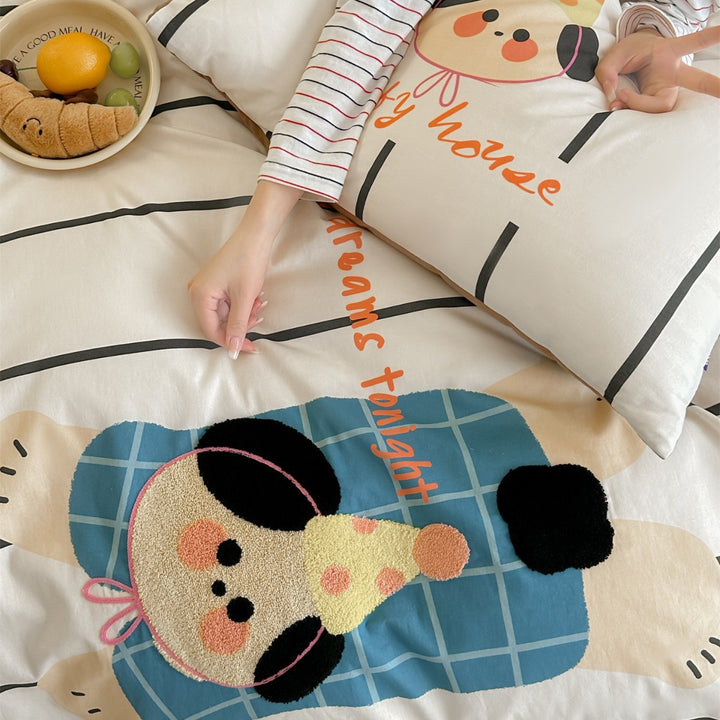 Children's Cartoon Puppy Duvet Cover Bedding Set with Reversible Stripe Pattern and Pillow Shams