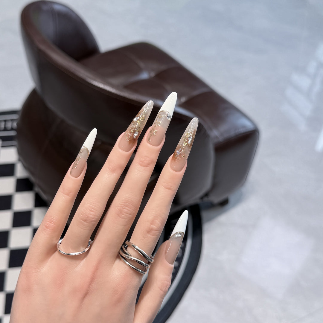 Elegant Stiletto Press-On Nail Set with Floral and Glitter Design Stornfield