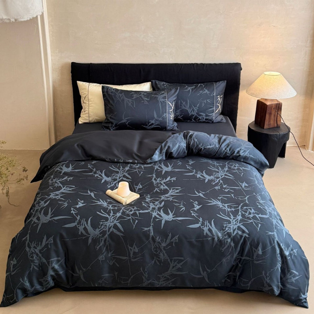 Premium Satin bedding set with subtle jacquard leaf pattern and silky finish