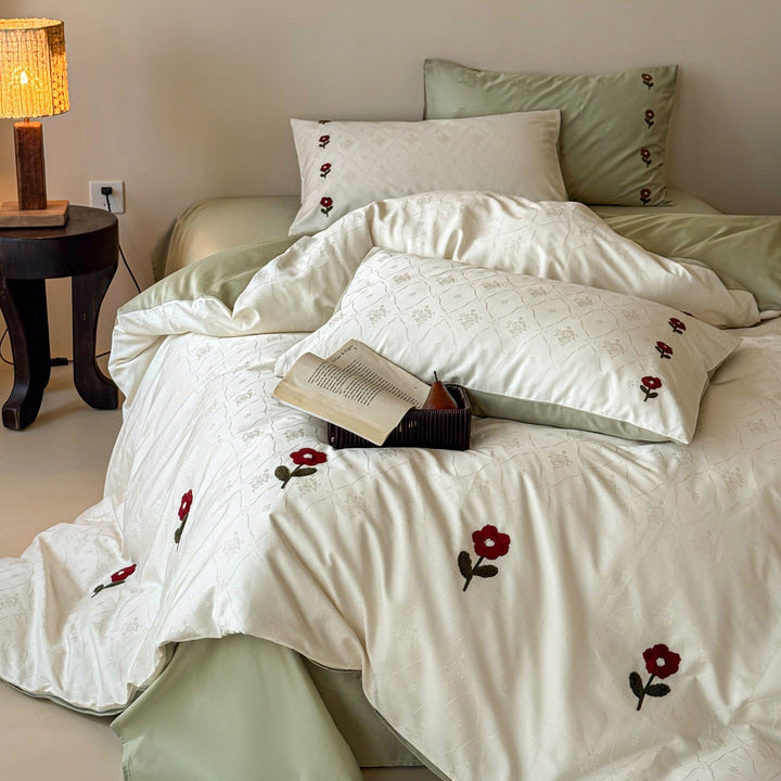 Embroidered Poppy Jacquard Duvet Cover Set with Reversible Sateen Back