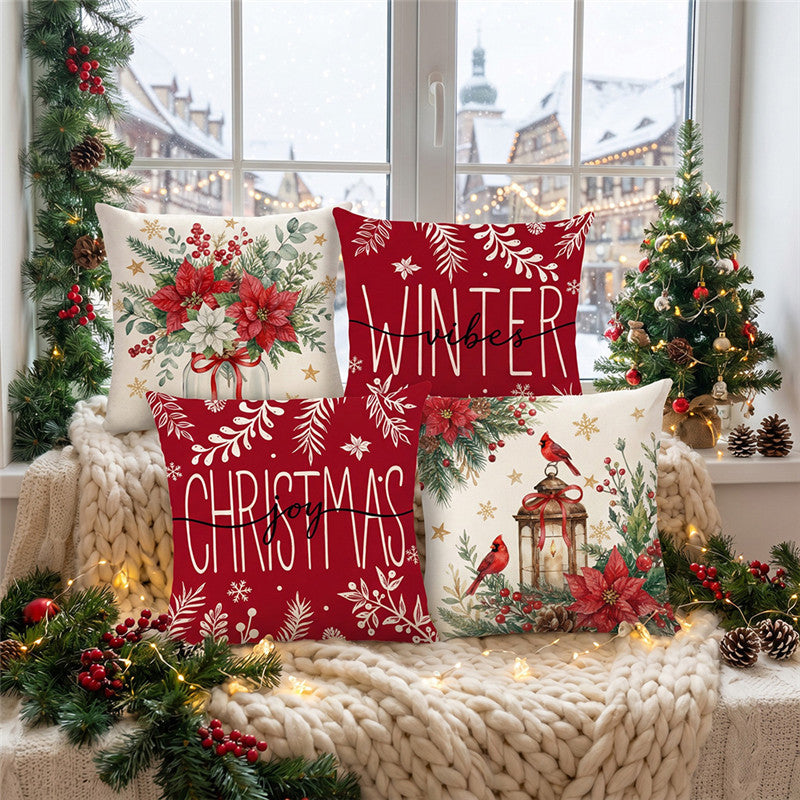 Holiday Winter Vibes Cotton-Linen Square Throw Pillow Cover with Hidden Zipper