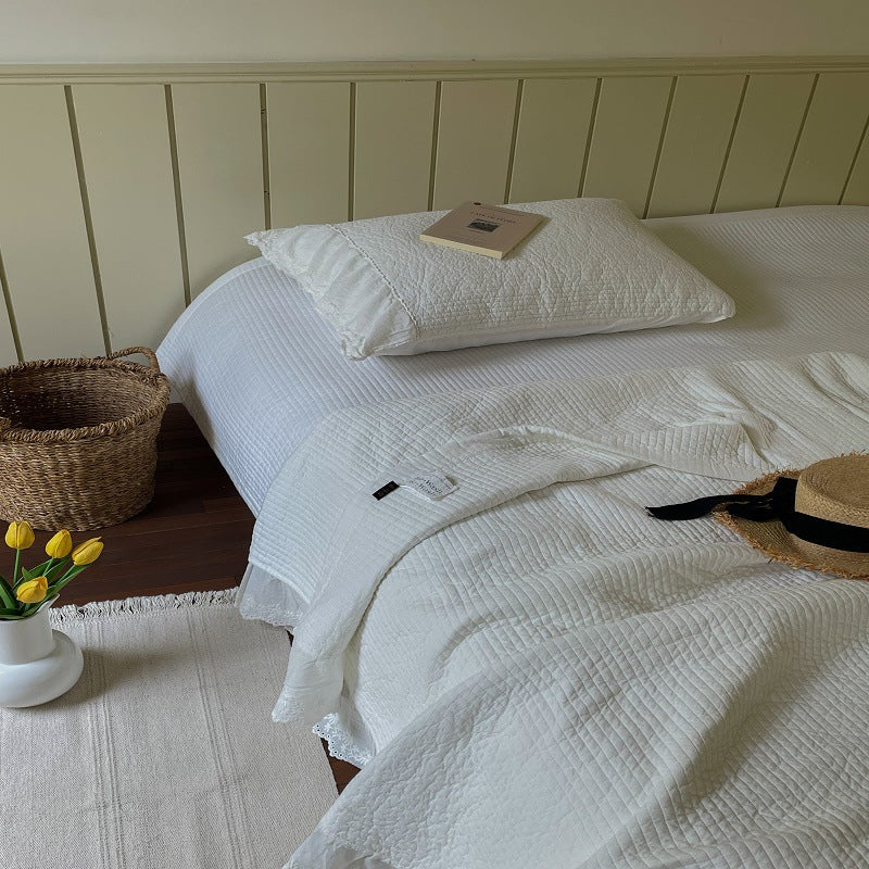 Quilted Washed Linen Bedspread Set with Frayed Lace Edge and Matching Pillow Shams