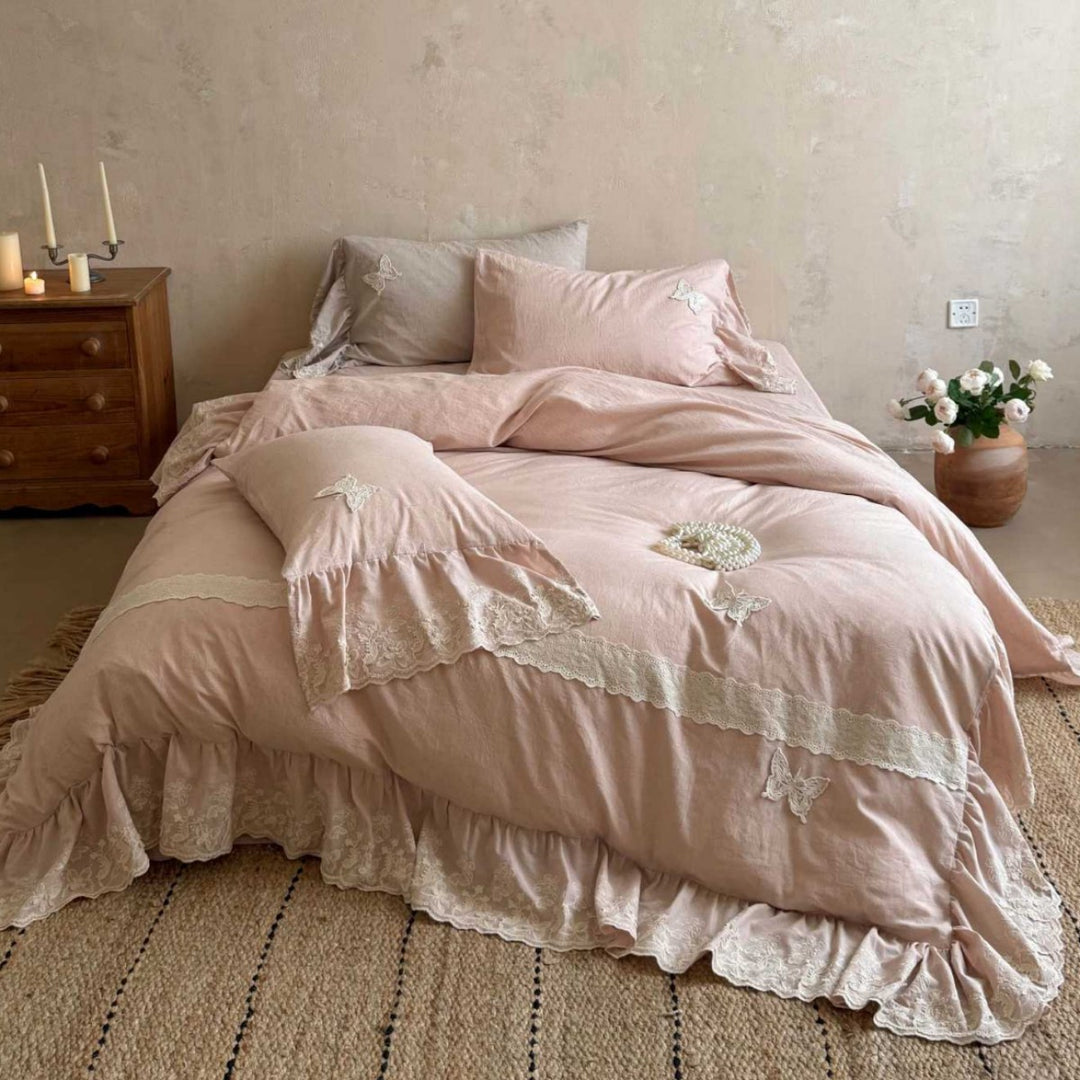 Ruffled Lace-Trimmed Cotton-Linen Duvet Cover Set with Embroidered Butterfly Appliqués
