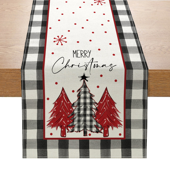 Buffalo-Edge Cotton-Linen Christmas Table Runner with Merry Christmas Tree Art