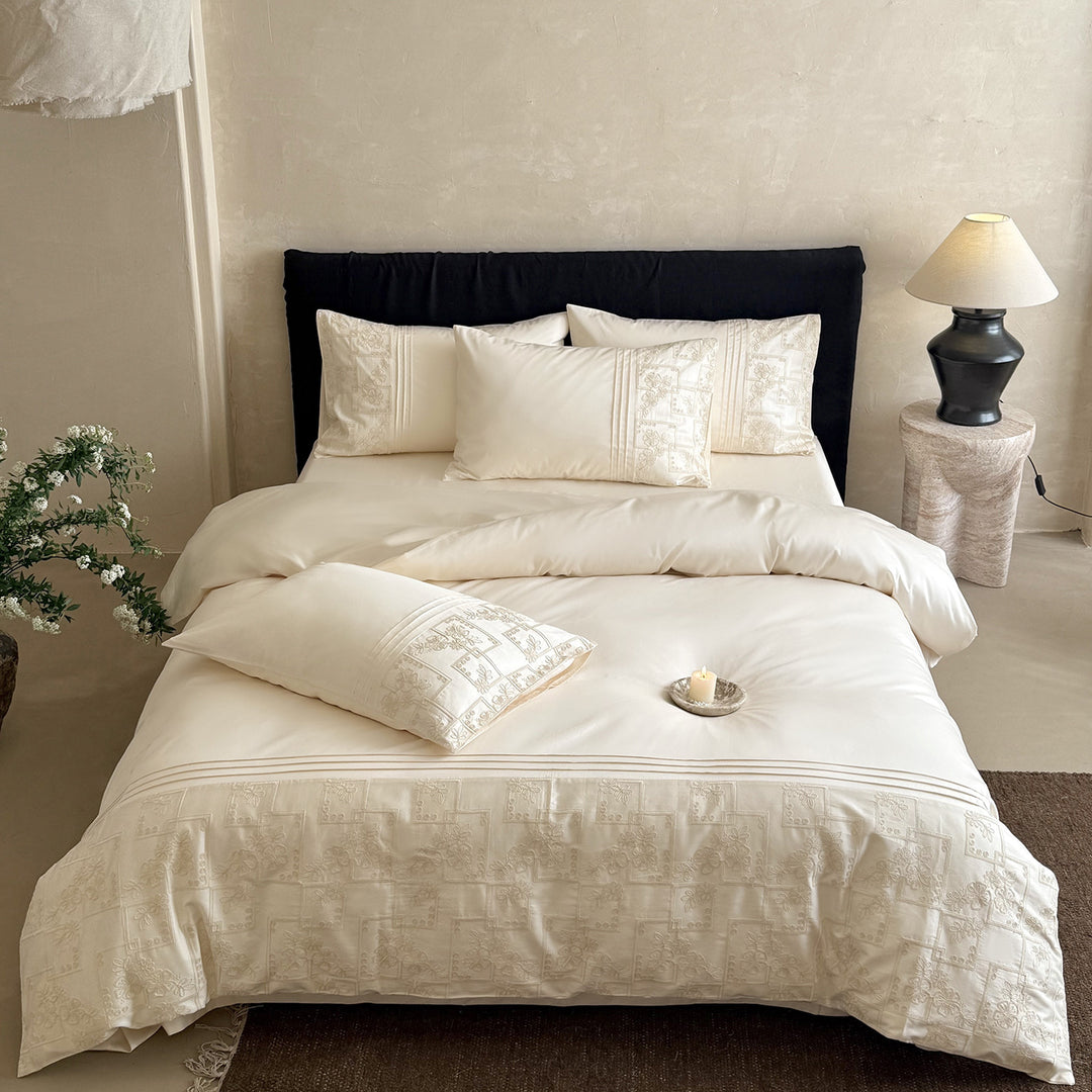 Matelassé Embroidered Cotton Duvet Cover Set with Pintuck Border & Decorative Pillow Shams