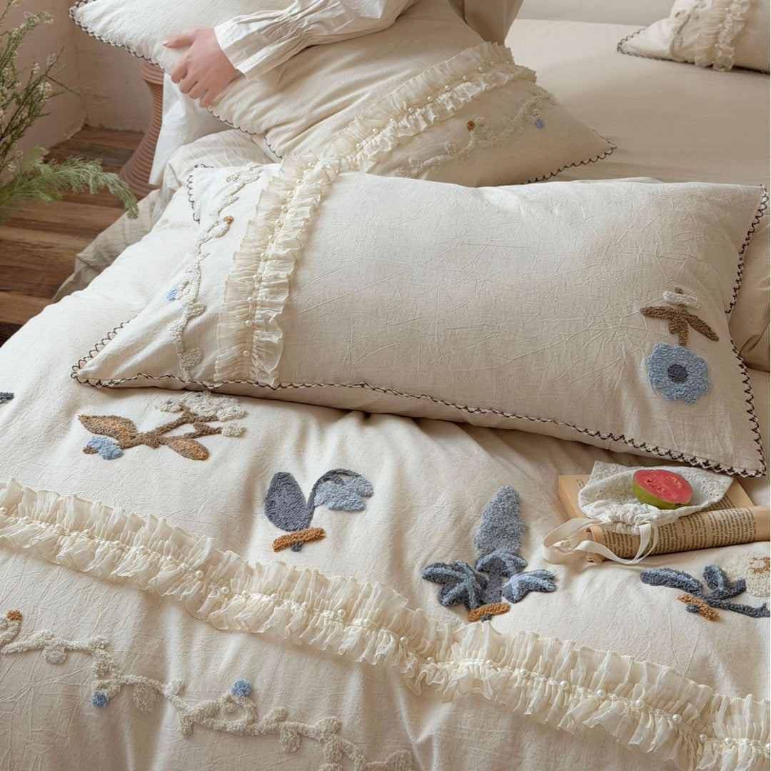 Embroidered Floral Ruffle Cotton Duvet Cover Bedding Set