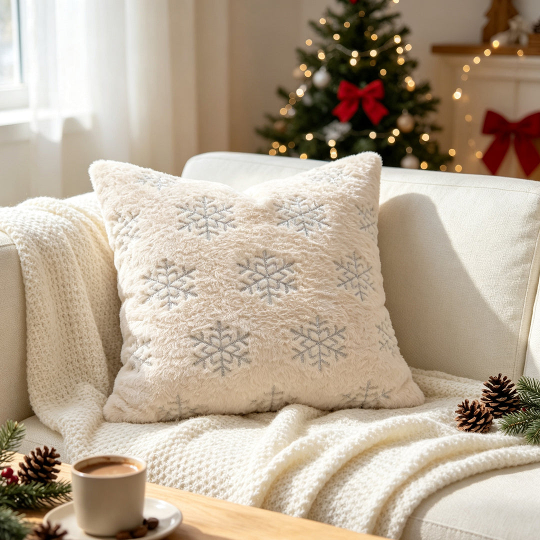 Embroidered Faux Fur Evergreen Decorative Throw Pillow Cover