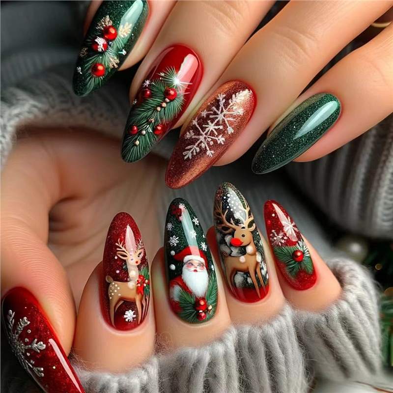 Festive Holiday-Themed Press-On Nail Art Set Stornfield