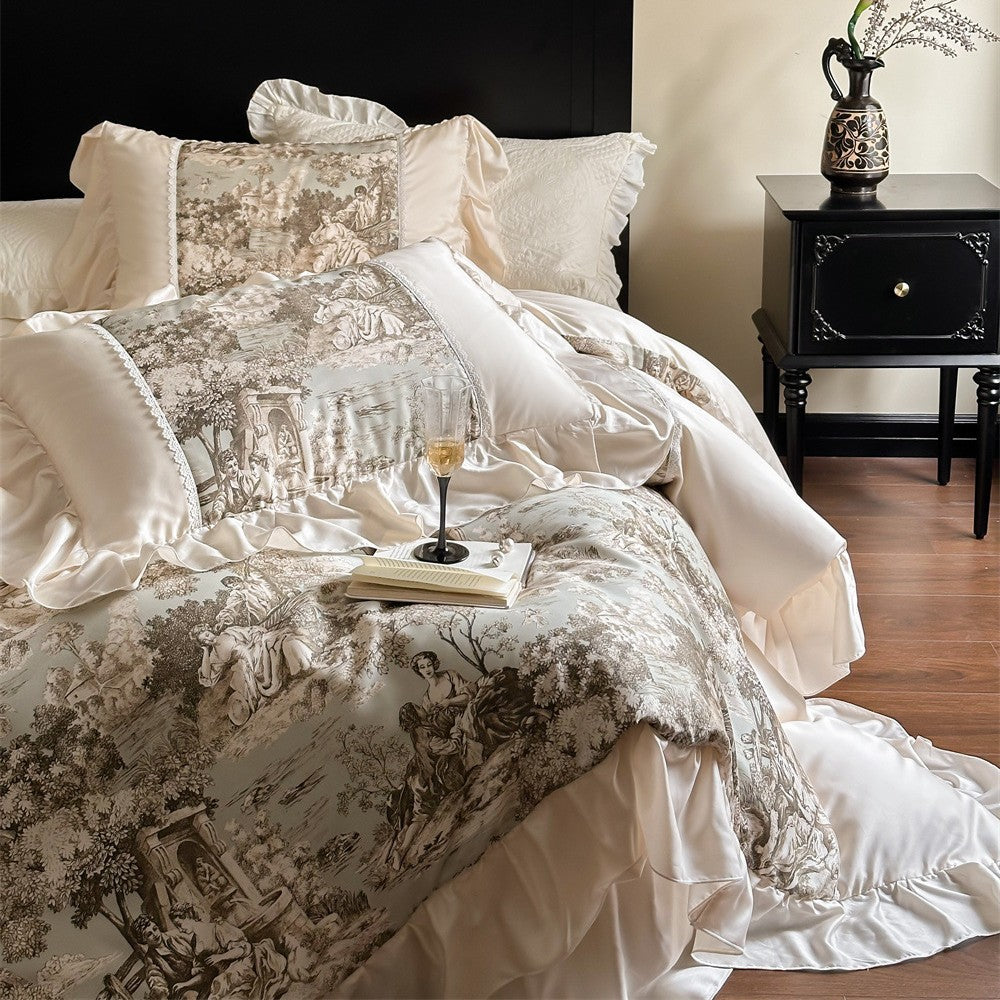 Luxurious satin bedding set with toile motif, ruffle and lace trim