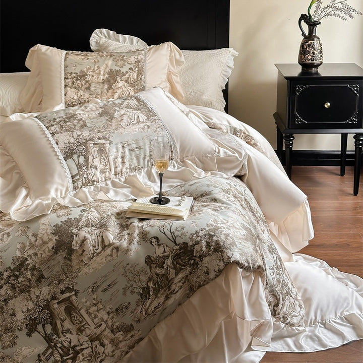 Luxurious satin bedding set with toile motif, ruffle and lace trim