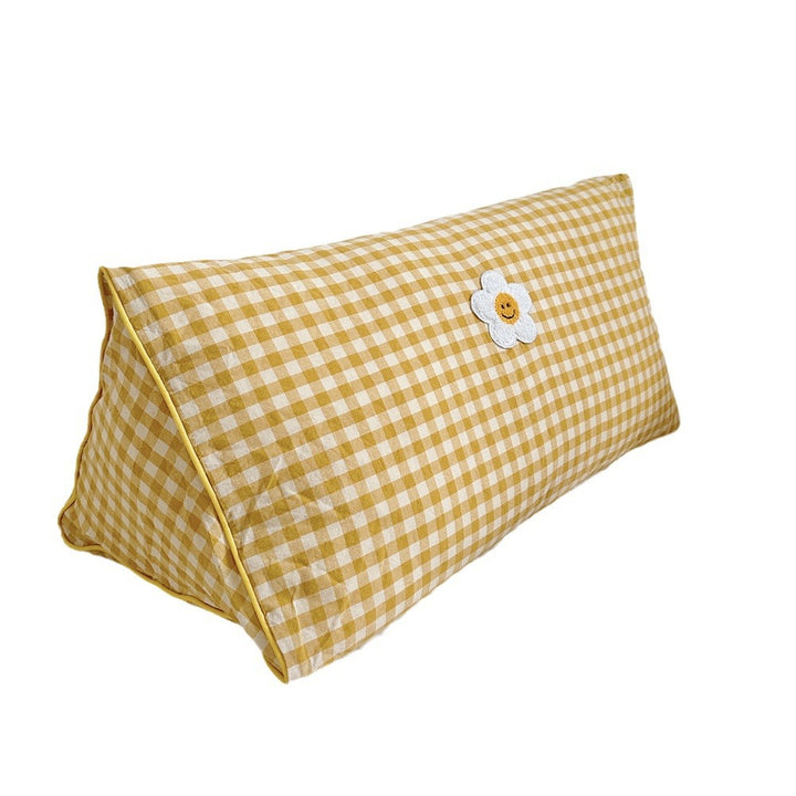 Gingham Bolster Nursery Pillow with Embroidered Daisy Appliqué Cotton Cover