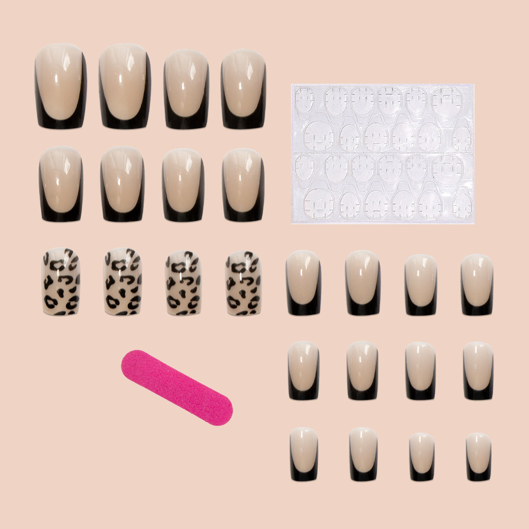 Artificial nail set with elegant leopard motif and black French design Stornfield