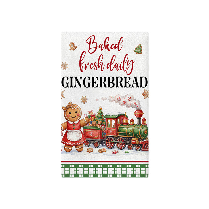 Festive Cotton-Linen Kitchen Tea Towel with Christmas Tree Print and Buffalo Check Border