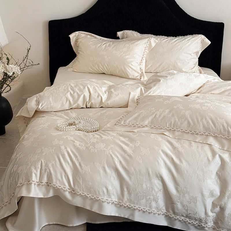 Jacquard Floral Satin-Effect Duvet Cover Set with Scalloped Lace Trim