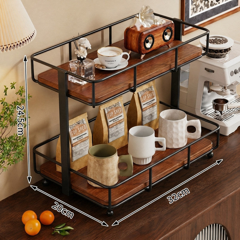 Two Tier Wood-Top Metal Countertop Kitchen Organizer Rack
