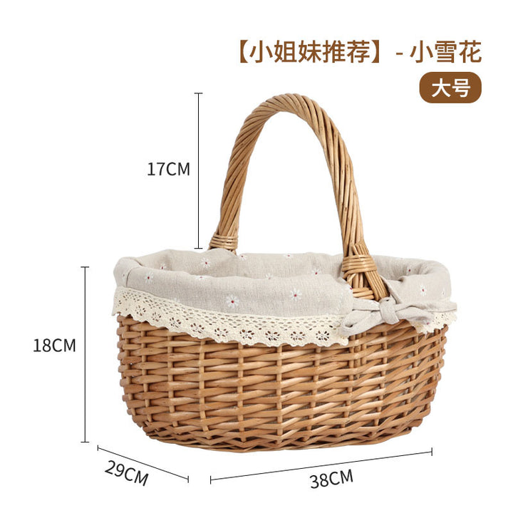 Women's braided basket with checkered fabric insert and decorative lace embellishment Stornfield