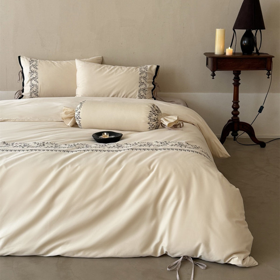Embroidered Cotton Duvet Cover Set with Decorative Bolster and Tie-closure Pillowcases