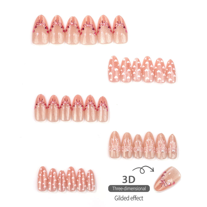 Decorative Press-On Nail Art Set with Heart and Bow Designs