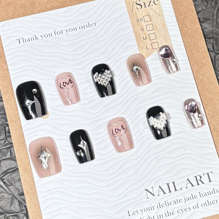 Decorative Press-On Nail Set with Love and Star Accents