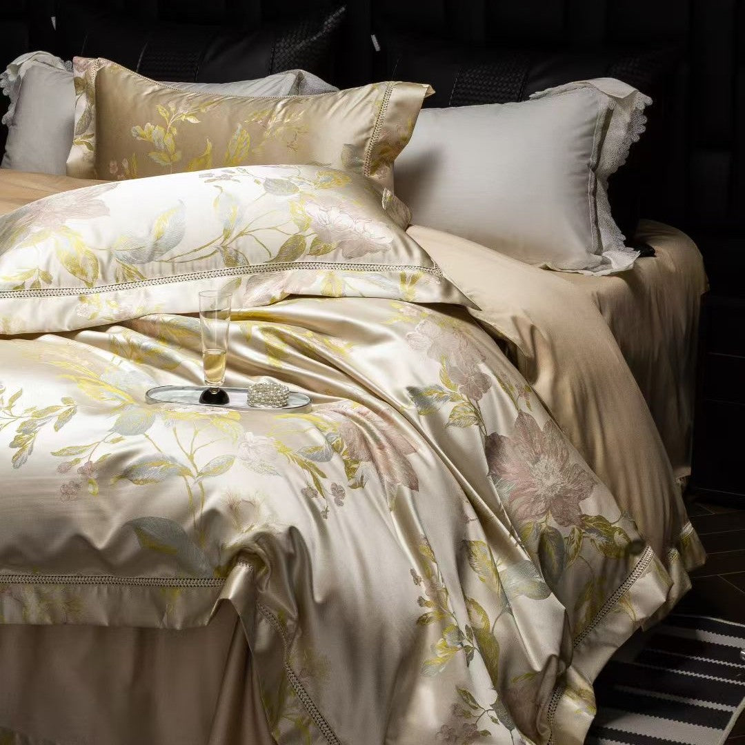 Luxury Satin Jacquard Floral Duvet Cover Set with Decorative Piped Pillow Shams
