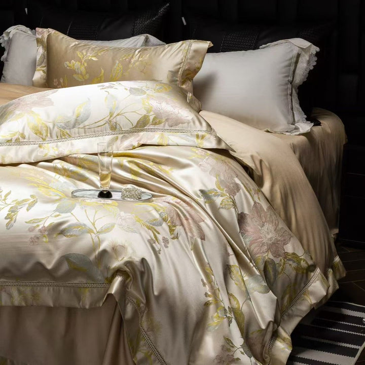 Luxury Satin Jacquard Floral Duvet Cover Set with Decorative Piped Pillow Shams