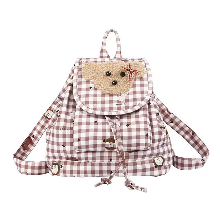 Backpack with Charming Plush Bear Motif and Playful Checkered Pattern Stornfield