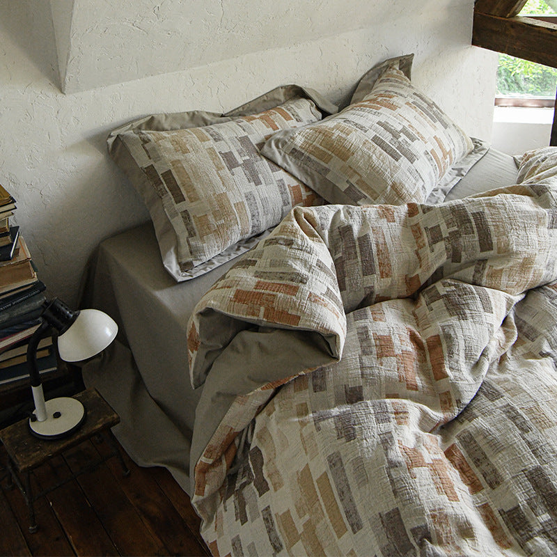 Quilted Cotton-Linen Abstract Block-Pattern Duvet Cover Set with Euro Shams & Deep-Pocket Fitted Sheet