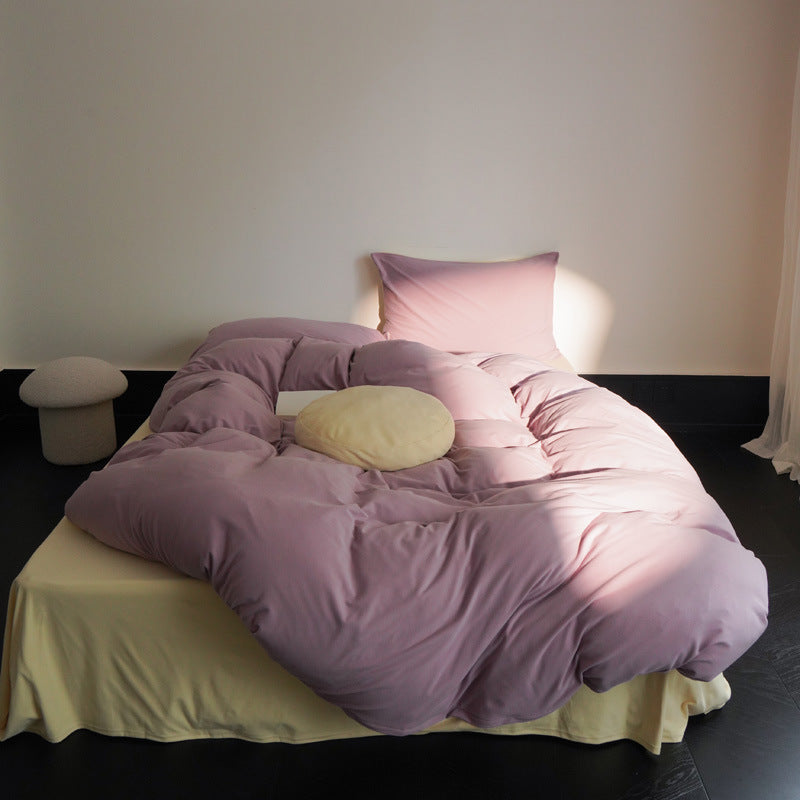 Reversible bedding set made of cotton percale with quilted duvet & fitted sheet