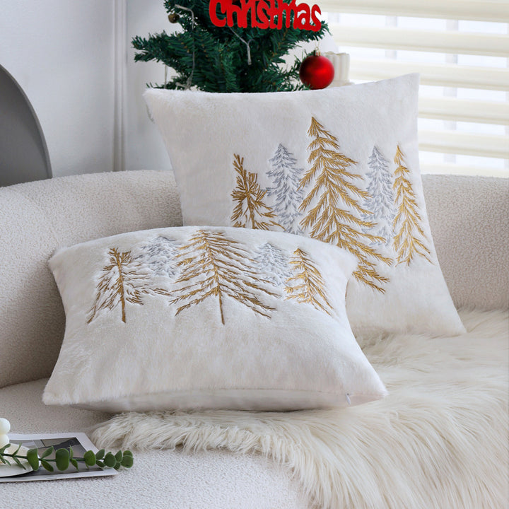Square decorative cushion cover made of faux fur with embroidered Christmas tree motif Stornfield
