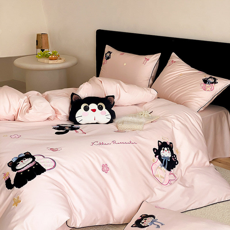 Embroidered Kitten Cotton-Sateen Duvet Cover Set with Pillow Shams