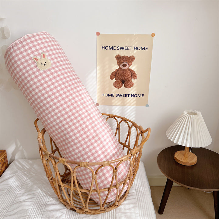 Gingham Bolster Nursery Pillow with Embroidered Daisy Appliqué Cotton Cover