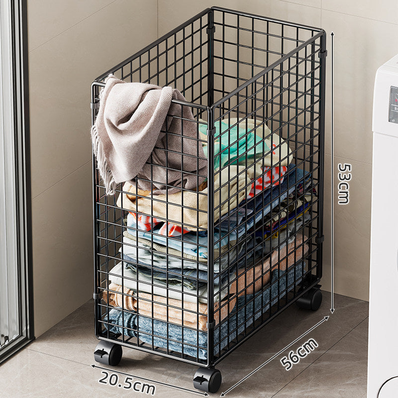 Tall Rolling Metal Laundry Basket with Vertical Slats and Swivel Casters