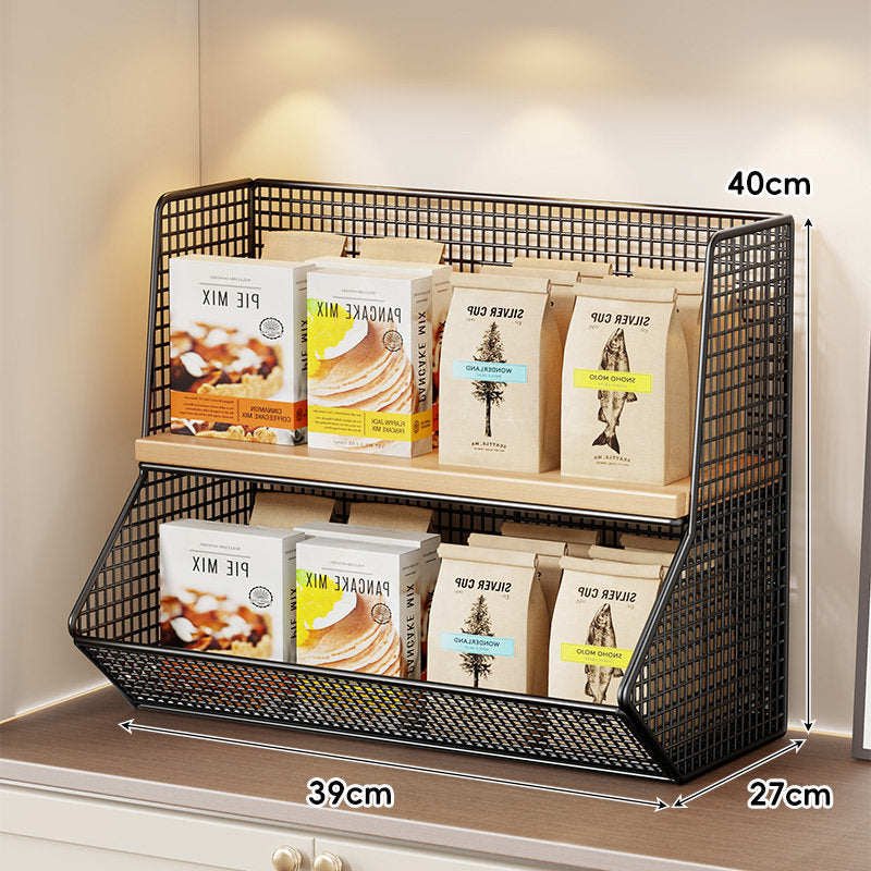 Compact Mesh Countertop Pantry Organizer with Two Wooden Shelves and Deep Front Basket