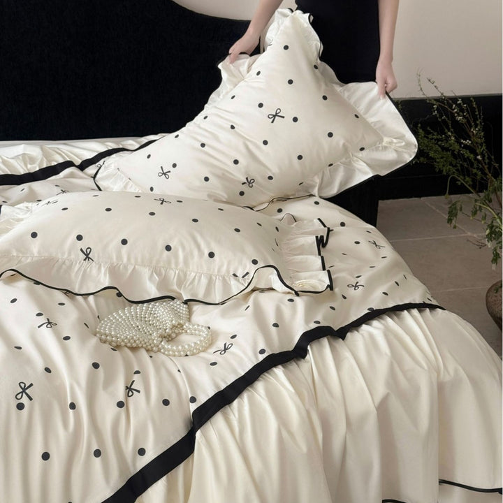 Reversible Polka-Dot Satin-Feel Ruffled Duvet Cover Set with Black Piping and Decorative Shams