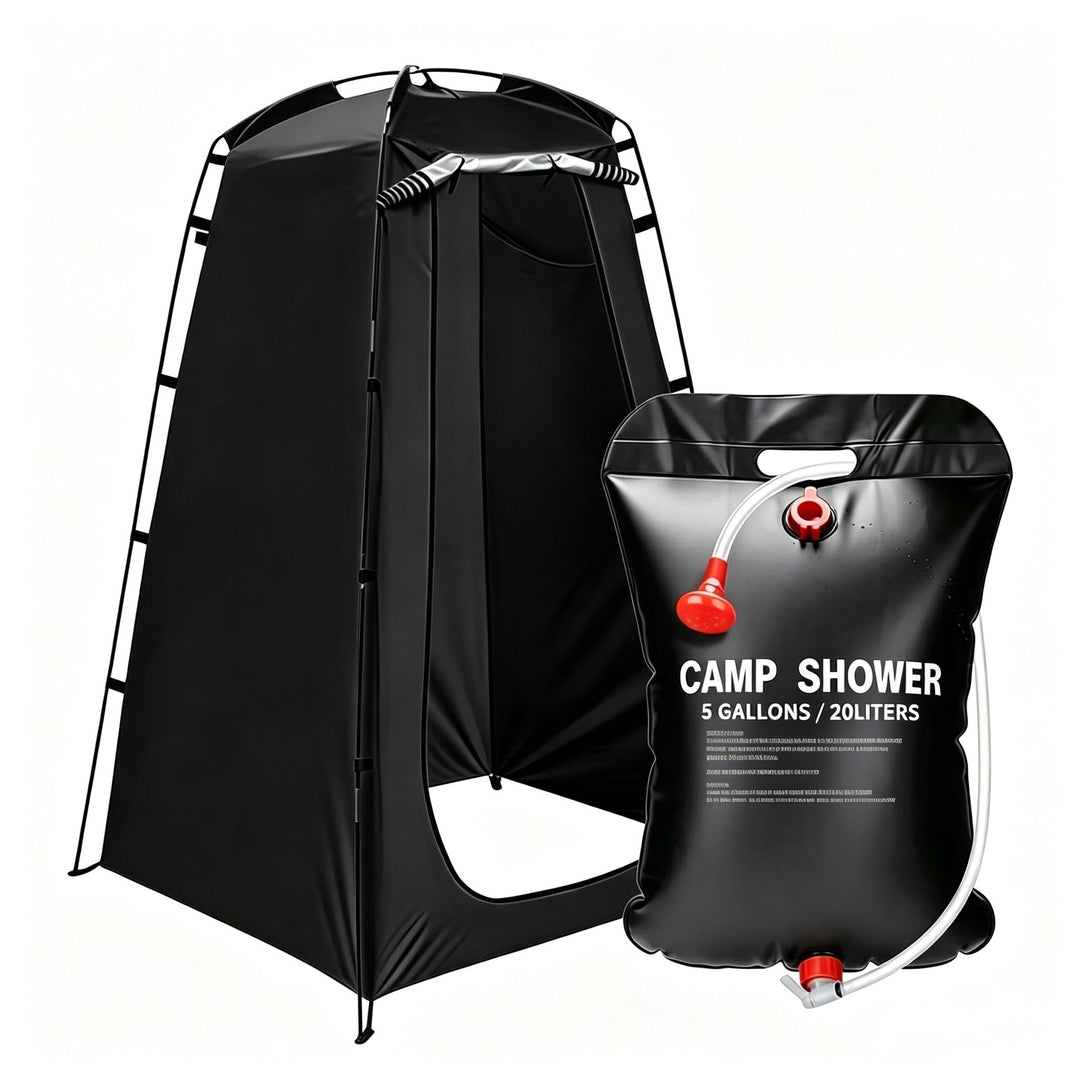 Portable camping shower privacy tent with five gallon solar shower bag and pop up foldable pole system Stornfield