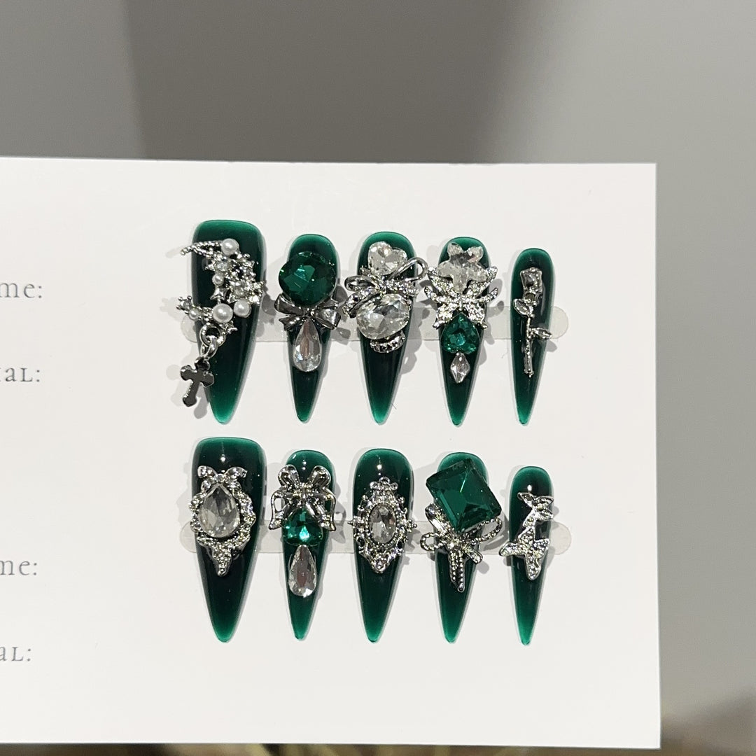 Elegant Gemstone-Embellished Press-On Nails