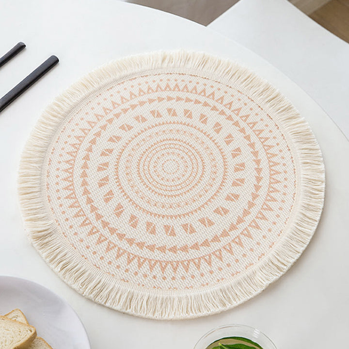 Round woven placemat with fringes and mandala jacquard structure Stornfield