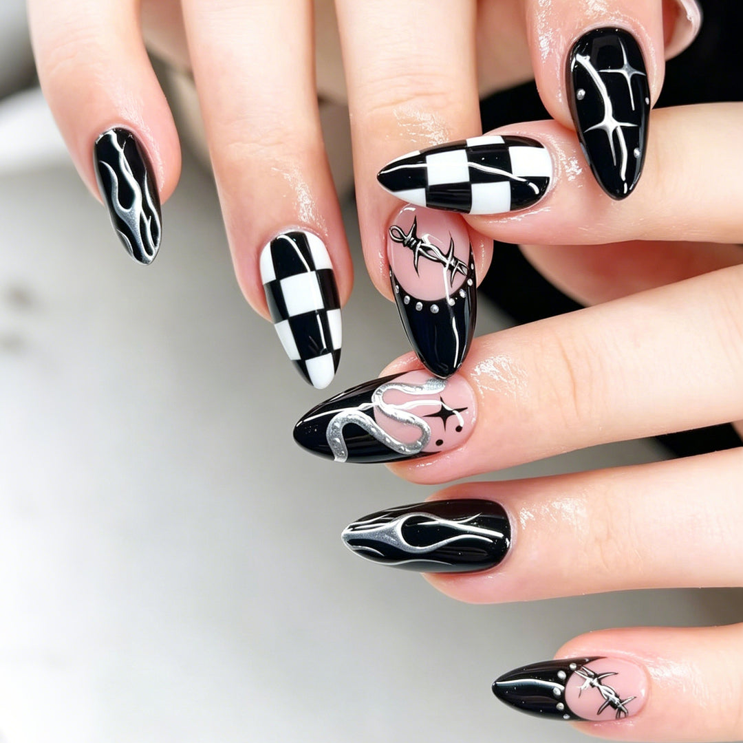 Artistic Stiletto Press-On Nail Art Set with Checkerboard and Flames Stornfield