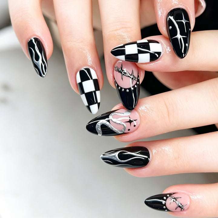 Artistic Stiletto Press-On Nail Art Set with Checkerboard and Flames Stornfield